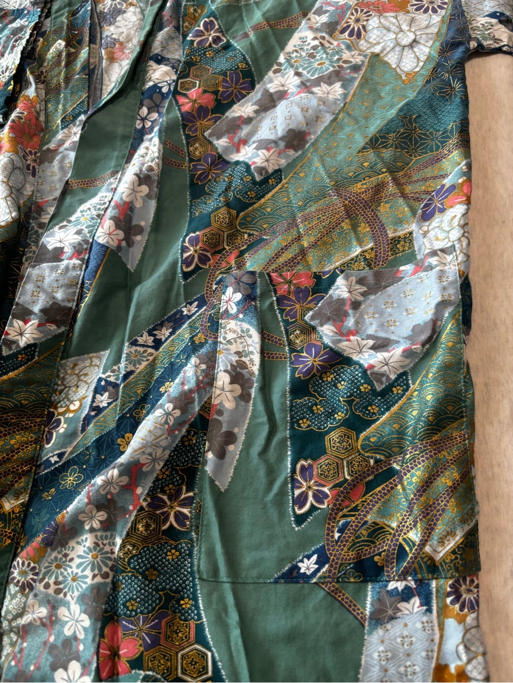 Vintage Japanese Kimono Robe XL Green Floral Cotton Belted Yukata - Picture 9 of 12